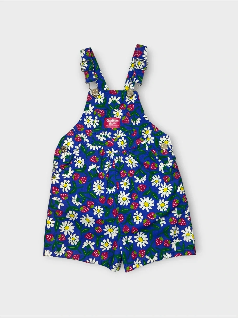 OshKosh B’gosh Vintage Strawberry Daisy Flower Vine Blue Shortall Overalls